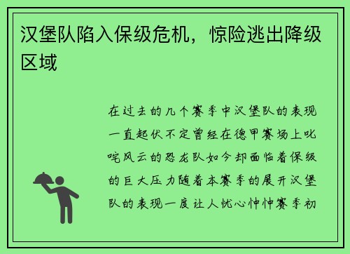 汉堡队陷入保级危机，惊险逃出降级区域