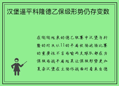 汉堡逼平科隆德乙保级形势仍存变数